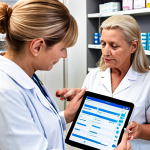 **

A modern pharmacy setting in the Netherlands. A pharmacist is having a detailed consultation with an elderly patient at a private consultation area. The pharmacist is reviewing the patient's medication list on a tablet connected to the Electronic Patient Dossier (EPD). Focus on showing the personalized care, trust, and technology integration. The overall atmosphere should be warm and professional, typical of Dutch healthcare. Include visual elements representing medication review and patient education materials in Dutch.

**