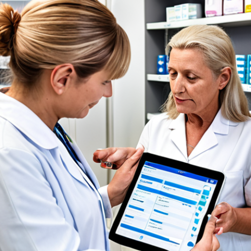 **

A modern pharmacy setting in the Netherlands. A pharmacist is having a detailed consultation with an elderly patient at a private consultation area. The pharmacist is reviewing the patient's medication list on a tablet connected to the Electronic Patient Dossier (EPD). Focus on showing the personalized care, trust, and technology integration. The overall atmosphere should be warm and professional, typical of Dutch healthcare. Include visual elements representing medication review and patient education materials in Dutch.

**