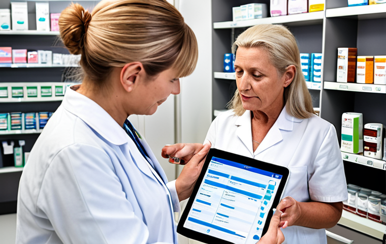 **
A modern pharmacy setting in the Netherlands. A pharmacist is having a detailed consultation with an elderly patient at a private consultation area. The pharmacist is reviewing the patient's medication list on a tablet connected to the Electronic Patient Dossier (EPD). Focus on showing the personalized care, trust, and technology integration. The overall atmosphere should be warm and professional, typical of Dutch healthcare. Include visual elements representing medication review and patient education materials in Dutch.
**