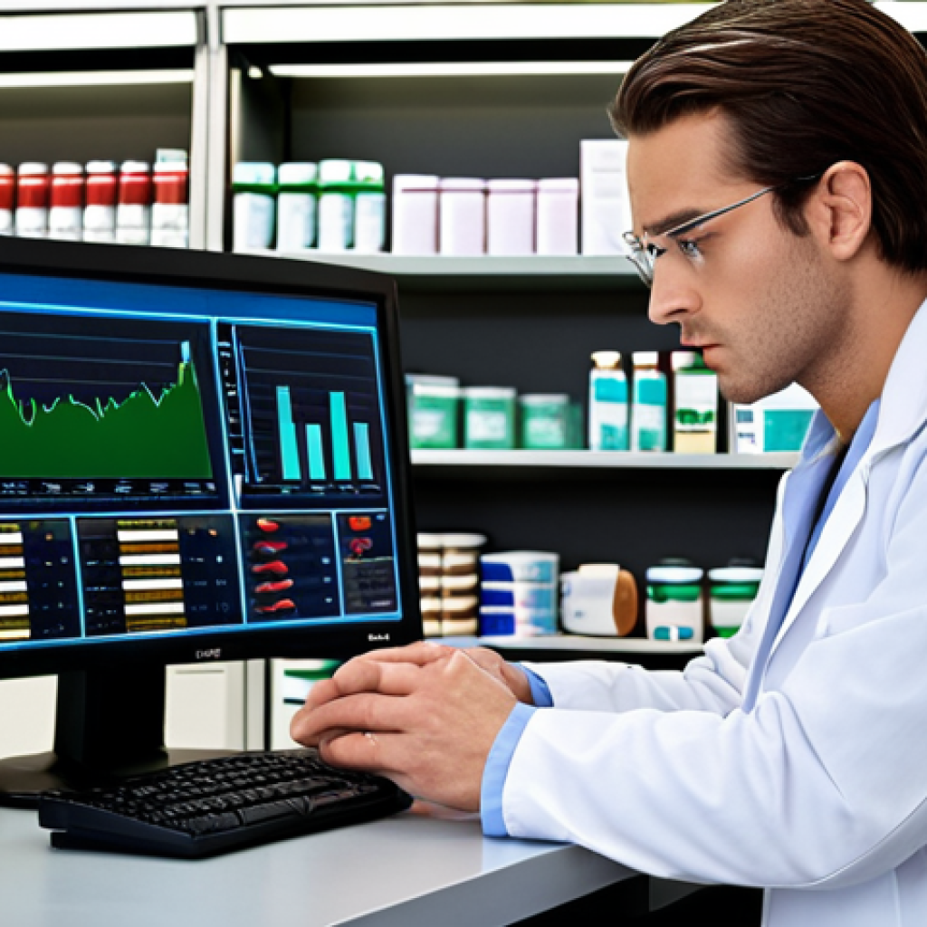 **Pharmacist analyzing data on a computer, charts and graphs visible on screen, pharmacy background, serious expression.** (Focus on the data analysis aspect within a pharmacy setting)