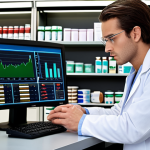 **Pharmacist analyzing data on a computer, charts and graphs visible on screen, pharmacy background, serious expression.** (Focus on the data analysis aspect within a pharmacy setting)