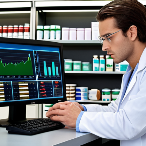 **Pharmacist analyzing data on a computer, charts and graphs visible on screen, pharmacy background, serious expression.** (Focus on the data analysis aspect within a pharmacy setting)