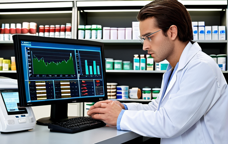**Pharmacist analyzing data on a computer, charts and graphs visible on screen, pharmacy background, serious expression.** (Focus on the data analysis aspect within a pharmacy setting)