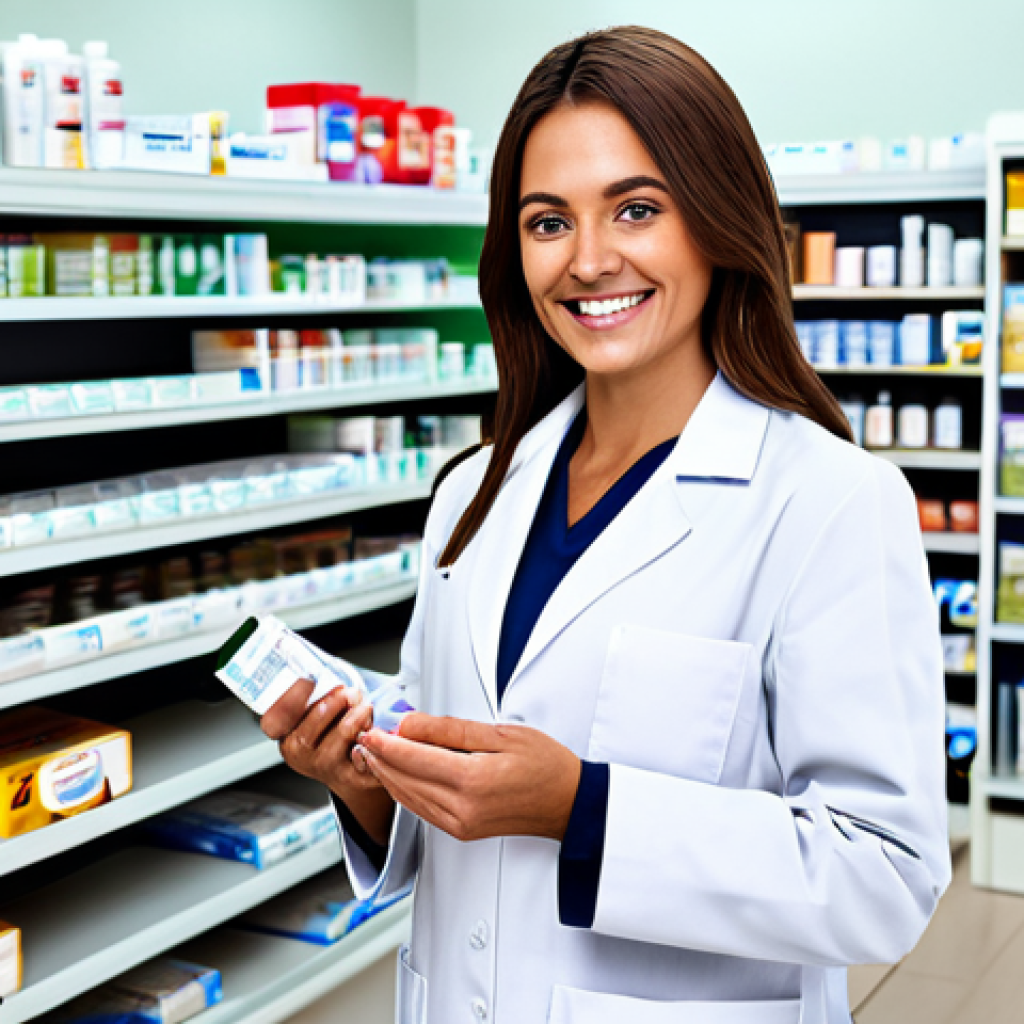 **

"A pharmacist, fully clothed in a professional lab coat, standing in a modern pharmacy, smiling warmly at a customer. Shelves are stocked with medication packages in the background. Safe for work, appropriate content, family-friendly, professional, perfect anatomy, correct proportions, well-formed hands, proper finger count, natural body proportions."

**