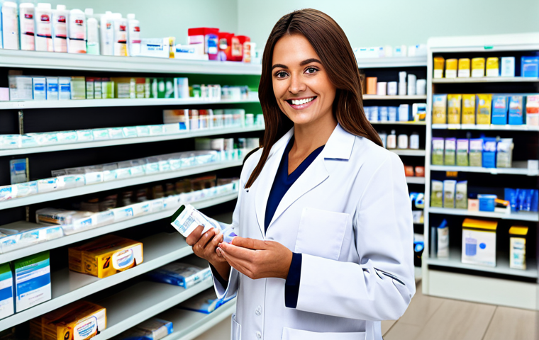 **
"A pharmacist, fully clothed in a professional lab coat, standing in a modern pharmacy, smiling warmly at a customer. Shelves are stocked with medication packages in the background. Safe for work, appropriate content, family-friendly, professional, perfect anatomy, correct proportions, well-formed hands, proper finger count, natural body proportions."
**