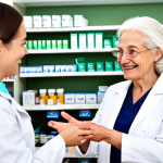 Personalized Pharmacy Service**

"A friendly pharmacist, fully clothed in professional attire, greeting a regular customer by name in a bright, modern pharmacy. The customer is an elderly woman with a warm smile. Shelves of medication and health products are visible in the background. Safe for work, appropriate content, modest, family-friendly. Perfect anatomy, correct proportions, natural pose, well-formed hands, proper finger count, natural body proportions, professional photography, high quality."

**