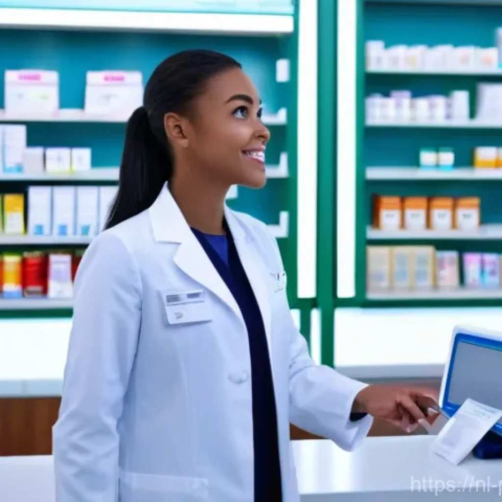 약사 약물 데이터베이스 활용법 - **Prompt:** A modern, brightly lit pharmacy. A female pharmacist in her early 30s, wearing a clean w...