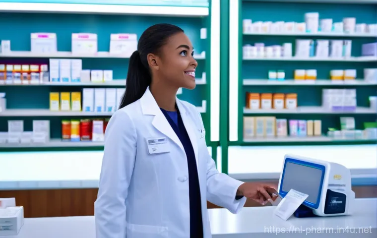 약사 약물 데이터베이스 활용법 - **Prompt:** A modern, brightly lit pharmacy. A female pharmacist in her early 30s, wearing a clean w...