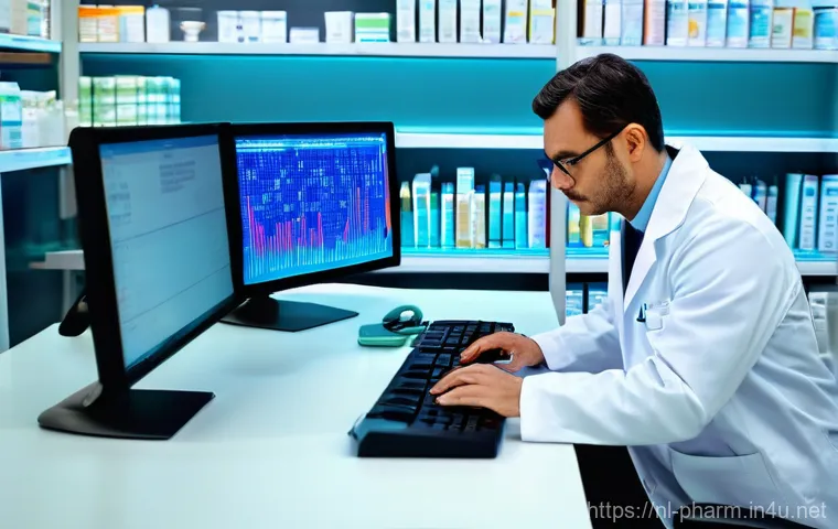 약사 약물 데이터베이스 활용법 - **Prompt:** A modern, brightly lit pharmacy. A female pharmacist in her early 30s, wearing a clean w...