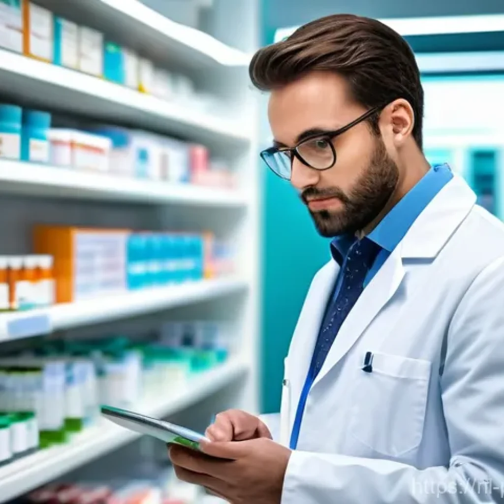 약사 필수 문서 작성법 - A professional Dutch pharmacist, wearing a clean, modern lab coat, is intently focused on a large di...