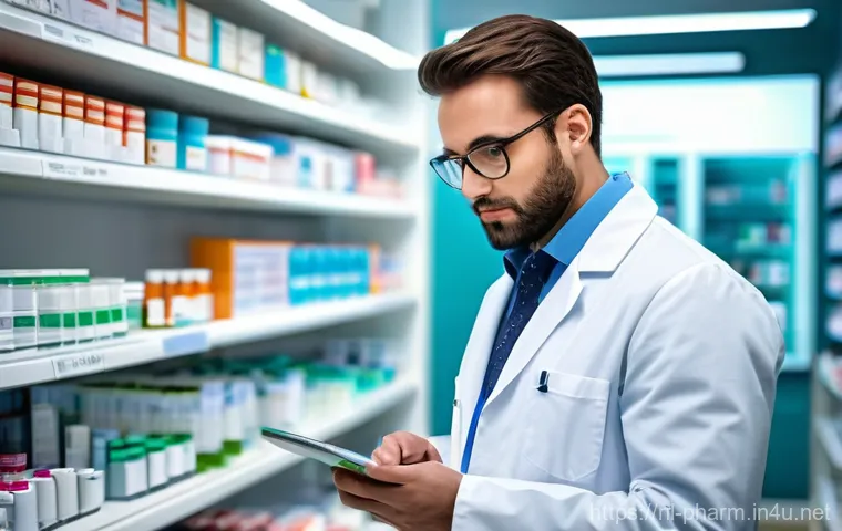 약사 필수 문서 작성법 - A professional Dutch pharmacist, wearing a clean, modern lab coat, is intently focused on a large di...