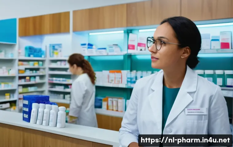 약사 약물 정책 변화와 대응 방안 - A busy, modern Dutch pharmacy interior during peak hours. A female pharmacist, mid-30s, with a frien...