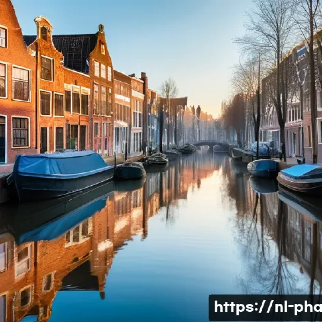 약사 약국 내 약물 폐기 관리 - **Prompt:** A serene, sun-drenched Dutch canal at dawn. The water surface is calm and appears pristi...