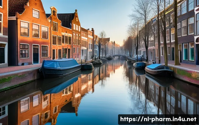 약사 약국 내 약물 폐기 관리 - **Prompt:** A serene, sun-drenched Dutch canal at dawn. The water surface is calm and appears pristi...