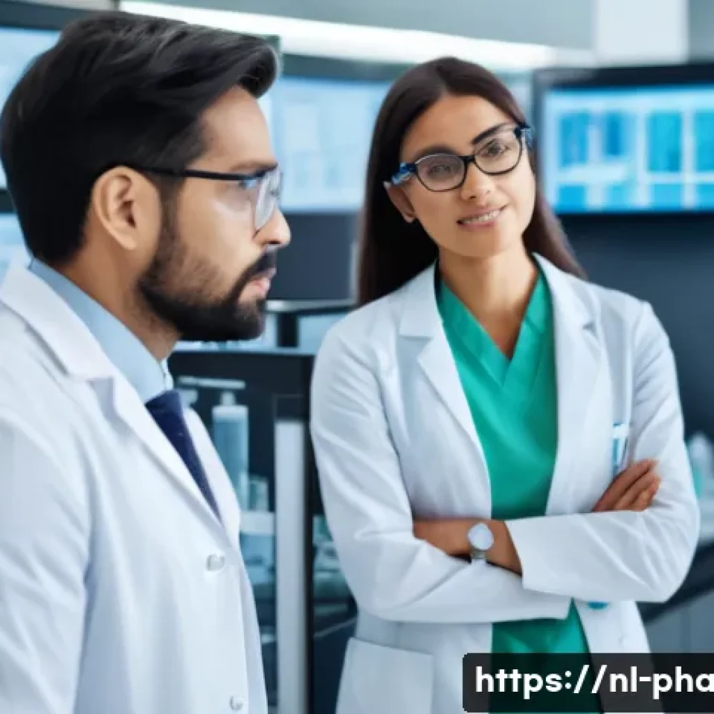 약사 약물 연구의 윤리적 책임 - A professional clinical trial setting featuring a diverse group of pharmacists and medical researche...