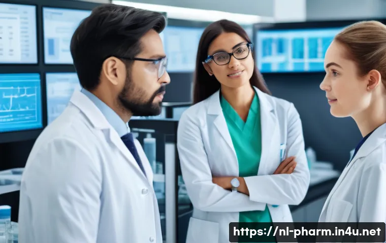약사 약물 연구의 윤리적 책임 - A professional clinical trial setting featuring a diverse group of pharmacists and medical researche...