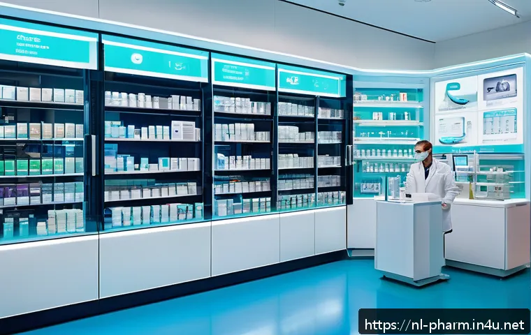 약사로서의 커리어 개발 전략 - A modern Dutch pharmacy interior featuring advanced digital technologies: sleek automated medicine d...