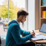 Home 20 약사 실기 준비 요령 - A modern Dutch pharmacy study room with a young adult student sitting at a desk filled with textbook...