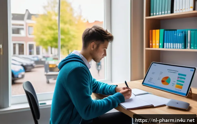 약사 실기 준비 요령 - A modern Dutch pharmacy study room with a young adult student sitting at a desk filled with textbook...