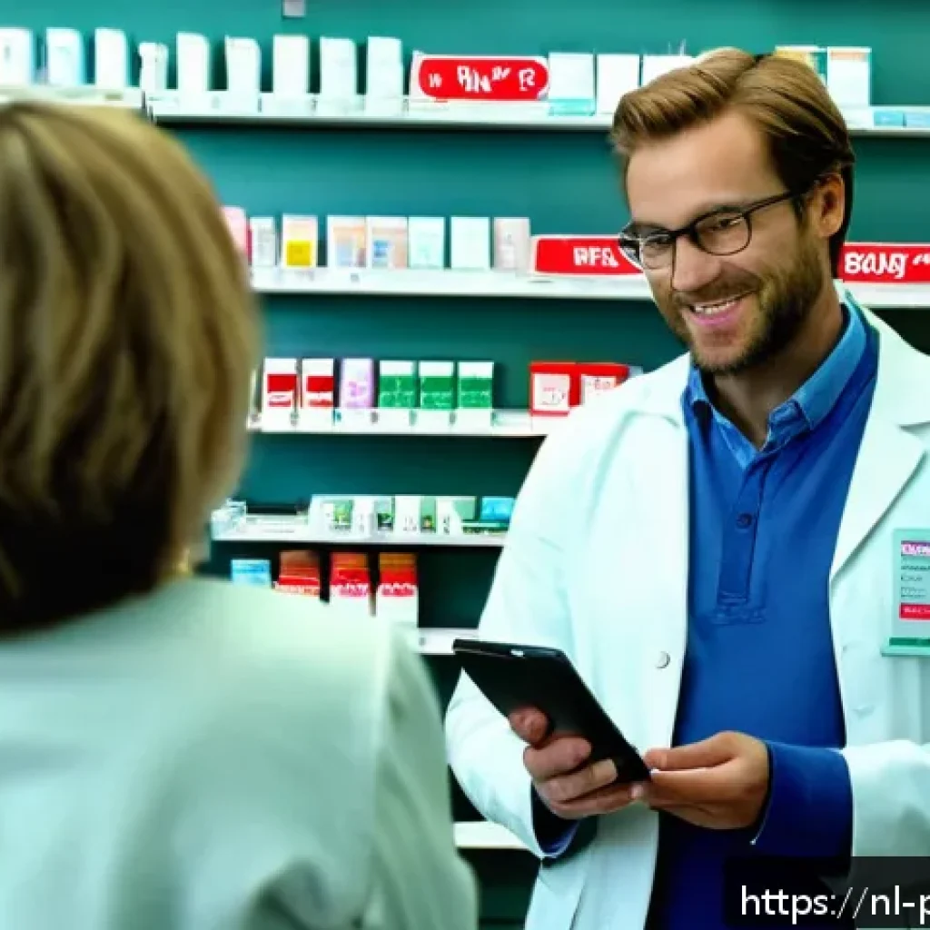 약사 약국에서의 고객 불만 처리 - A modern Dutch pharmacy interior scene showing a friendly pharmacist attentively listening to a midd...