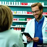 Home 19 약사 약국에서의 고객 불만 처리 - A modern Dutch pharmacy interior scene showing a friendly pharmacist attentively listening to a midd...
