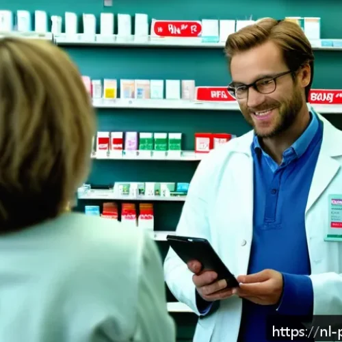 Home 31 약사 약국에서의 고객 불만 처리 - A modern Dutch pharmacy interior scene showing a friendly pharmacist attentively listening to a midd...