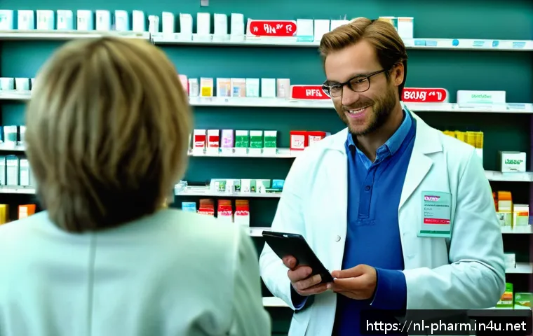 약사 약국에서의 고객 불만 처리 - A modern Dutch pharmacy interior scene showing a friendly pharmacist attentively listening to a midd...