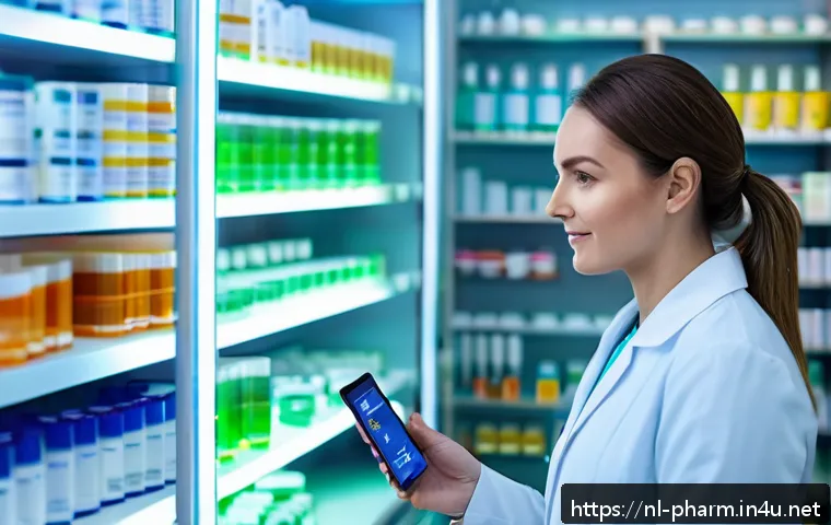 약사 약물 데이터 시각화 방법 - A modern Dutch pharmacy interior featuring a large digital dashboard screen displaying colorful, use...