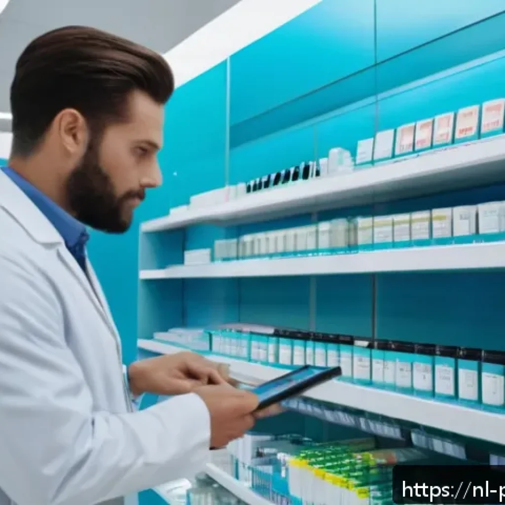 약사 약국 관리 시스템 소개 - A modern Dutch pharmacy interior showing pharmacists using advanced software on sleek computers for ...