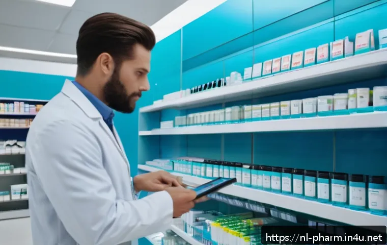 약사 약국 관리 시스템 소개 - A modern Dutch pharmacy interior showing pharmacists using advanced software on sleek computers for ...