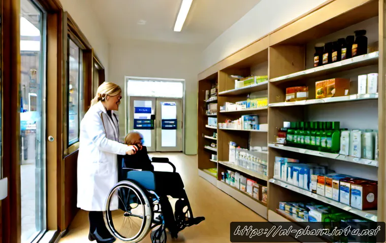 Home 17 약사 약국 인테리어 가이드 - Photorealistic Dutch community pharmacy interior, bright accessible layout with pale oak shelving, s...