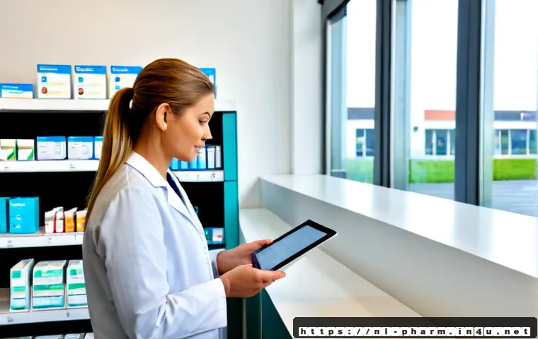 약사 약물 정보 업데이트 방법 - Photorealistic Dutch community pharmacist in a bright modern pharmacy workspace, carefully reviewing...