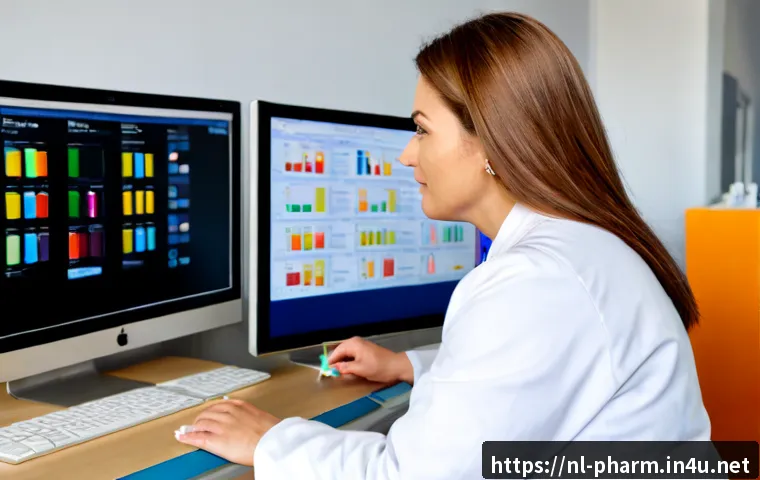 약사 약물 데이터를 기반으로 한 연구 - Photorealistic Dutch community pharmacist conducting medication data research at a clean modern phar...