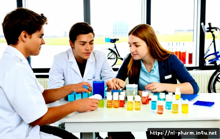 Home 17 약사 전공생을 위한 추천 동아리 - Photorealistic university pharmacy students in the Netherlands collaborating in a bright clinical re...